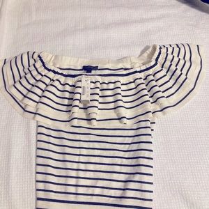 J. Crew Selena Navy Striped Off The Shoulder Ruffled Sweater Top Size Small NWT